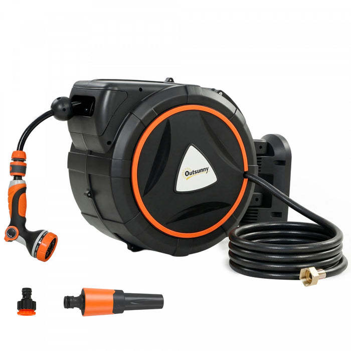 Outsunny Retractable Garden Hose Reel, 1/2\" x 75.5ft Wall Mounted Hose Reel with 12-Pattern Nozzles, Auto Retraction, Self-Locking, Slow Return System, 180° Swivel Bracket