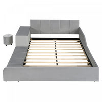 Lily Velvet Upholstered Grounded Bed with Desk and Stool,Full Size,Grey Full Bed