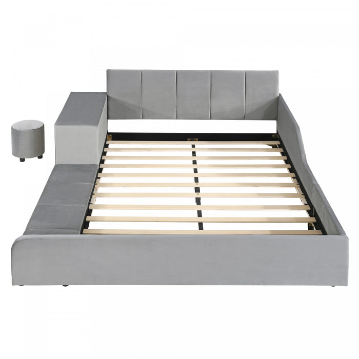 Lily Velvet Upholstered Grounded Bed with Desk and Stool,Full Size,Grey Full Bed