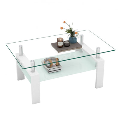 Liam Modern Rectangle Clear Tempered Glass Coffee Table,White | Table basse moderne rectangulaire en verre trempe transparent Liam, avec pieds blancs