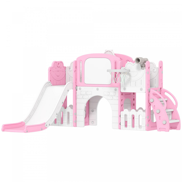 Qaba Toddler Slide, 7 in 1 Kids Slide with Climber, Basketball Hoop, Telescope, Drawing Board, Storage Box, Indoor Outdoor Playground, Gifts for Boys Girls Ages 1-3, Pink