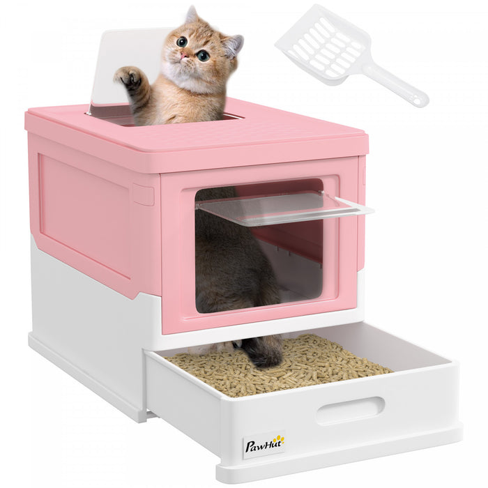 Pawhut Cat Litter Box, Enclosed Foldable Kitty Litter Box With Scoop, Tray, Front & Top Entry, Large Space, Portable Design, Pink