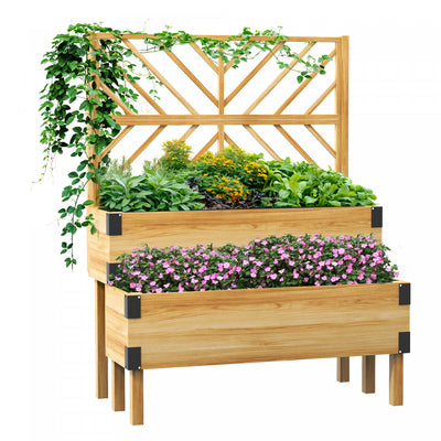 Outsunny 2 Tier Wooden Raised Bed W/ Trellis Elevated Planter Box, Natural|Outsunny Jardiniere En Treillis A 2 Etages, Lit De Jardin Sureleve En Bois