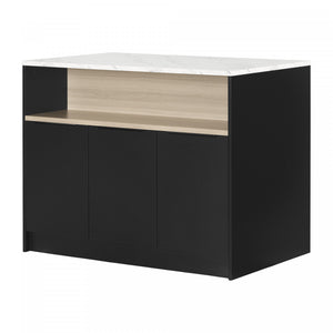Olio Kitchen Island With Open Storage Shelf - Matte Black And Faux White Marble 