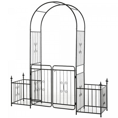 Outsunny 7.2ft Metal Garden Arbor Arch With Double Doors, 2 Side Planter Baskets, Climbing Vine Fram|Outsunny - Arche De Jardin En Metal De 87 Pouces Avec Double Porte, 2 Paniers A Plantes Lateraux, Ca
