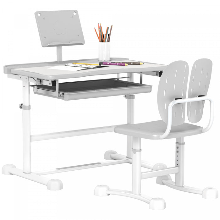 Qaba Kids Desk And Chair Set, Height Adjustable Kids Study Table And Chair Set With Tilt Desktop, Large Writing Board, Storage Drawer, Book Stand For 3-12 Years, Grey