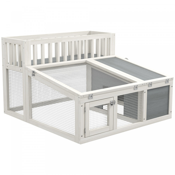 Pawhut Rabbit Hutch Outdoor Indoor With Storage Shelf, Wooden Bunny Cage Guinea Pig Cage With Run, Openable Tops, For 1-2 Rabbits, 37\" X 35\" X 24\", Grey