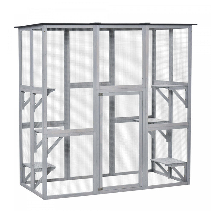 Pawhut Large Outdoor Catio Enclosure, Weatherproof Cat House With Asphalt Roof, Wooden Cat Patio Cage With 6 Balanced Platforms, 71\" X 39\" X 71\", Grey