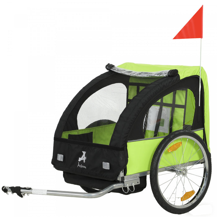 Aosom 2 Seat Bike Trailer for Kids Double Baby Toddler 80lbs Load w/ Steel Frame, 5-Point Safety Belts, Universal Bicycle Connect, Reflectors, Red Flag, Waterproof Cover, Green