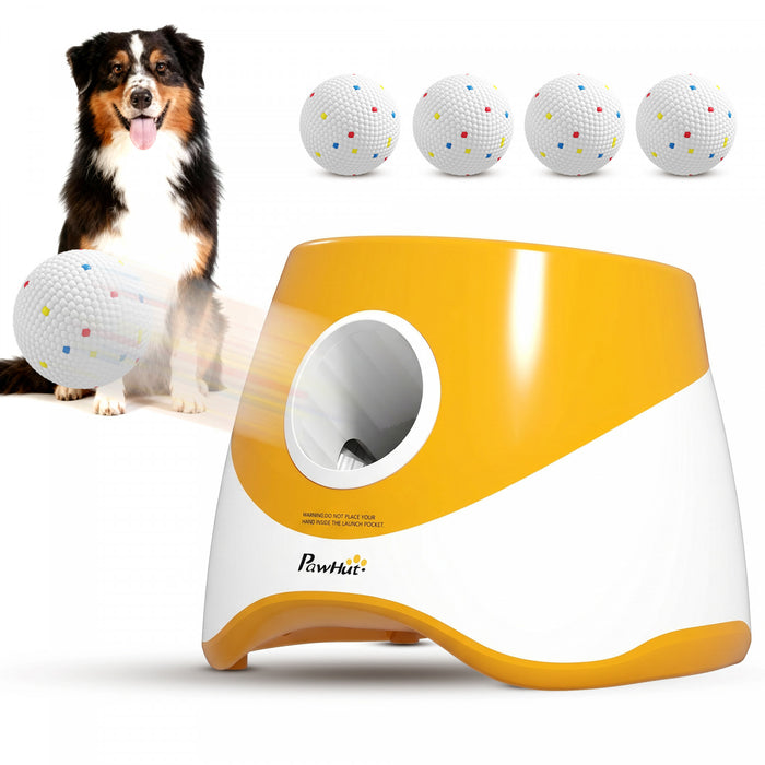 PawHut Automatic Dog Ball Launcher with 5 2.3\" ETPU Balls, Dog Ball Thrower with 3 Distance Settings (20/33/46 ft), Indoor Outdoor Interactive Toy for Small Medium Breeds, Orange