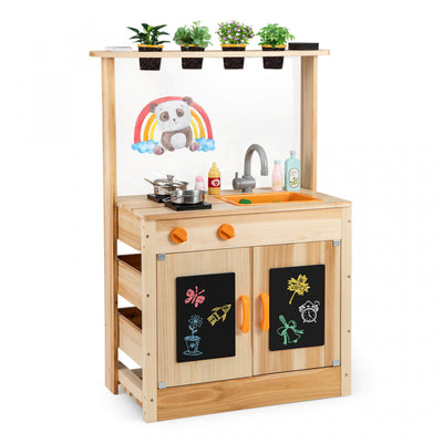 Costway Mud Kitchen For Kids With Planting Pots Stovetops Removable Sink Acrylic Panel