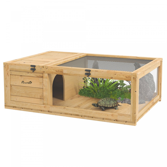 Pawhut Wood Tortoise House Indoor Outdoor Turtle Habitat Reptile Cage For Lizards, Geckos, 35.8\" X 23.8\" X 12.6\", Yellow