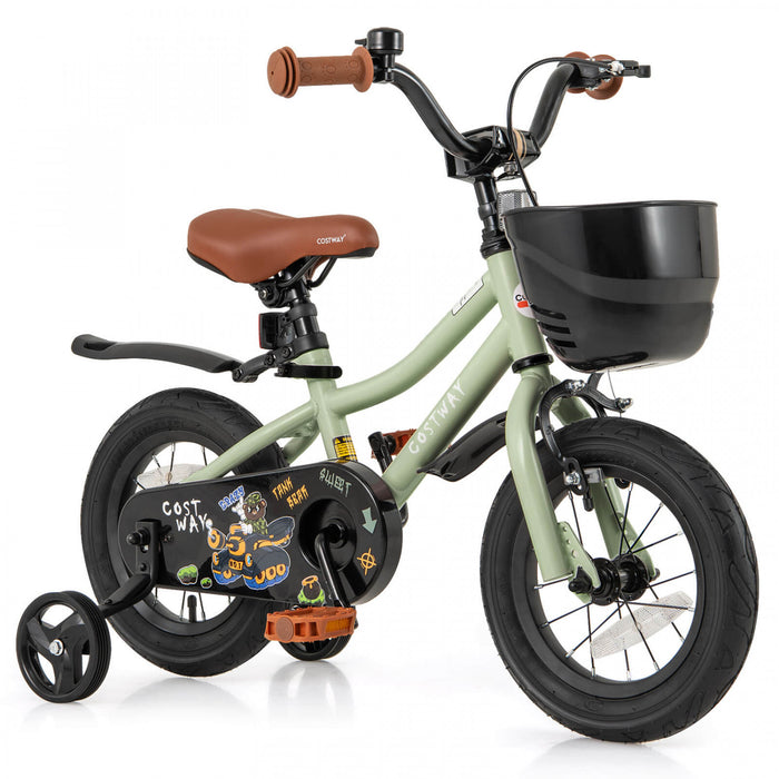Costway 12\" Kid's Bike With Training Wheels Adjustable Handlebar & Seat Handbrake Green