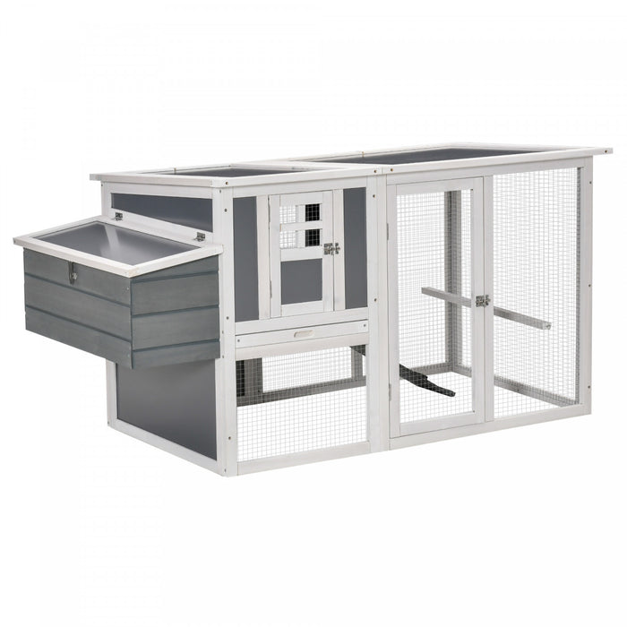 Pawhut 64\" Wooden Chicken Coop, Outdoor Hen House Poultry Cage With Outdoor Run, Nesting Box, Removable Tray, Openable Roof And Lockable Doors，white And Grey