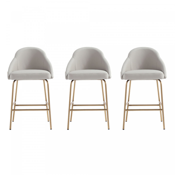 Gracie Modern Metal Upholstered Counter Stool in Stone Gray and Gold - Set of 3