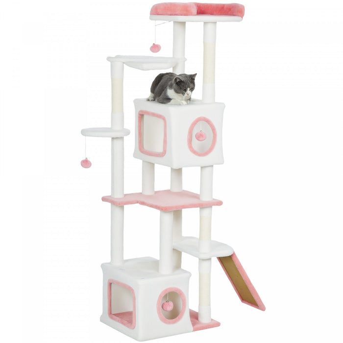 PawHut Cat Tree for Indoor Large Adult Cats, 65 Inch Kitty Tower Multi-Level with 2 Doors Condos, Plush Top Perch, Hammock, Sisal Scratching Posts, 4 Pompoms, Ramp, White