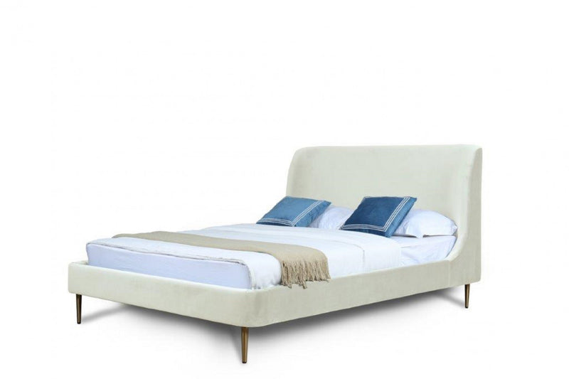 Heather Mid-Century Modern Velvet Upholstered Queen Bed in Cream and Gold