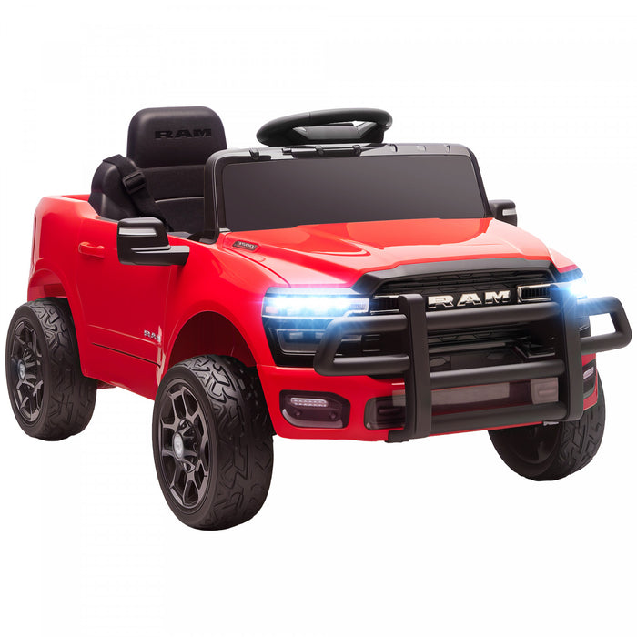 Qaba 12V Kids Car, Electric Ride on Vehicle Licensed Dodge RAM 3500 Battery Powered with Remote Control, Rear Suspension, Bluetooth, Power Display and LED Light for 3-5 Years, Red