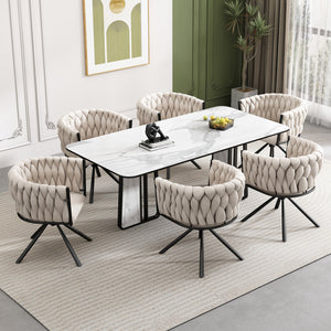 Amelia Velvet Swivel Dining Chairs with Tufted Upholstered and Metal Legs Set of 6, Beige