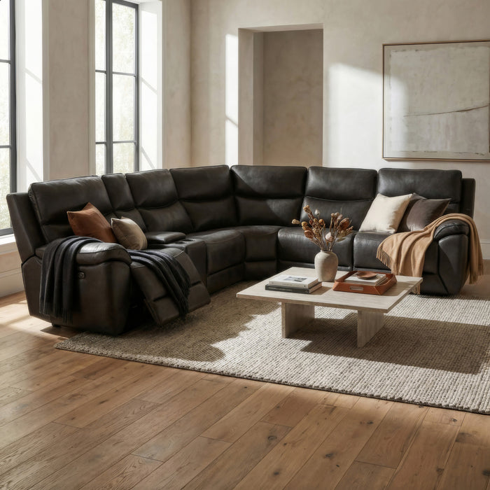 Rocco 6-Piece Leather Match Power Reclining Sectional with Adjustable Headrests and Storage Console - Espresso