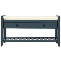 Stephanie Pine Wood Shoe Rack Bench With Cushioned Seat With Storage Drawers - Antique Navy 