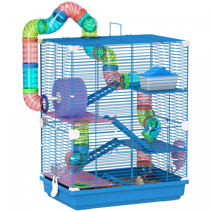 PawHut 5 Tiers Hamster Cage Portable Animal Travel Carrier Habitat with Exercise Wheels Play Tube Water Bottle Dishes House Ladder for Gerbils, Dark Blue
