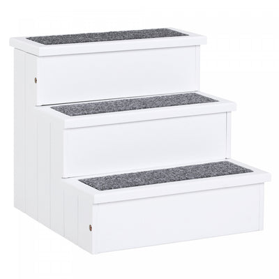 Pawhut Pet Steps 3-step Dog Stairs For Small Dogs Cats And Wooden Ramp With Storage Box Carpet Tread|Pawhut Rampe D'escalier Antiderapante En Moquette En Bois A 3 Marches Pour Chats Et Petits Chiens -