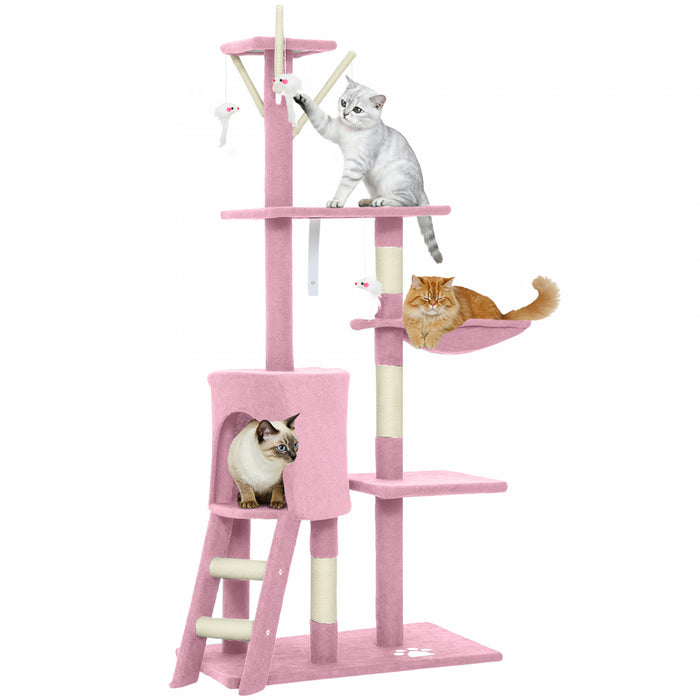 PawHut Cat Tree, 53\" Cat Tower for Indoor Kittens with Sisal Scratching Posts, Plush Perches, Condo, Hammock, Ladder, Dangling Toys, Multi-Level Kitty Activity Centre, Pink