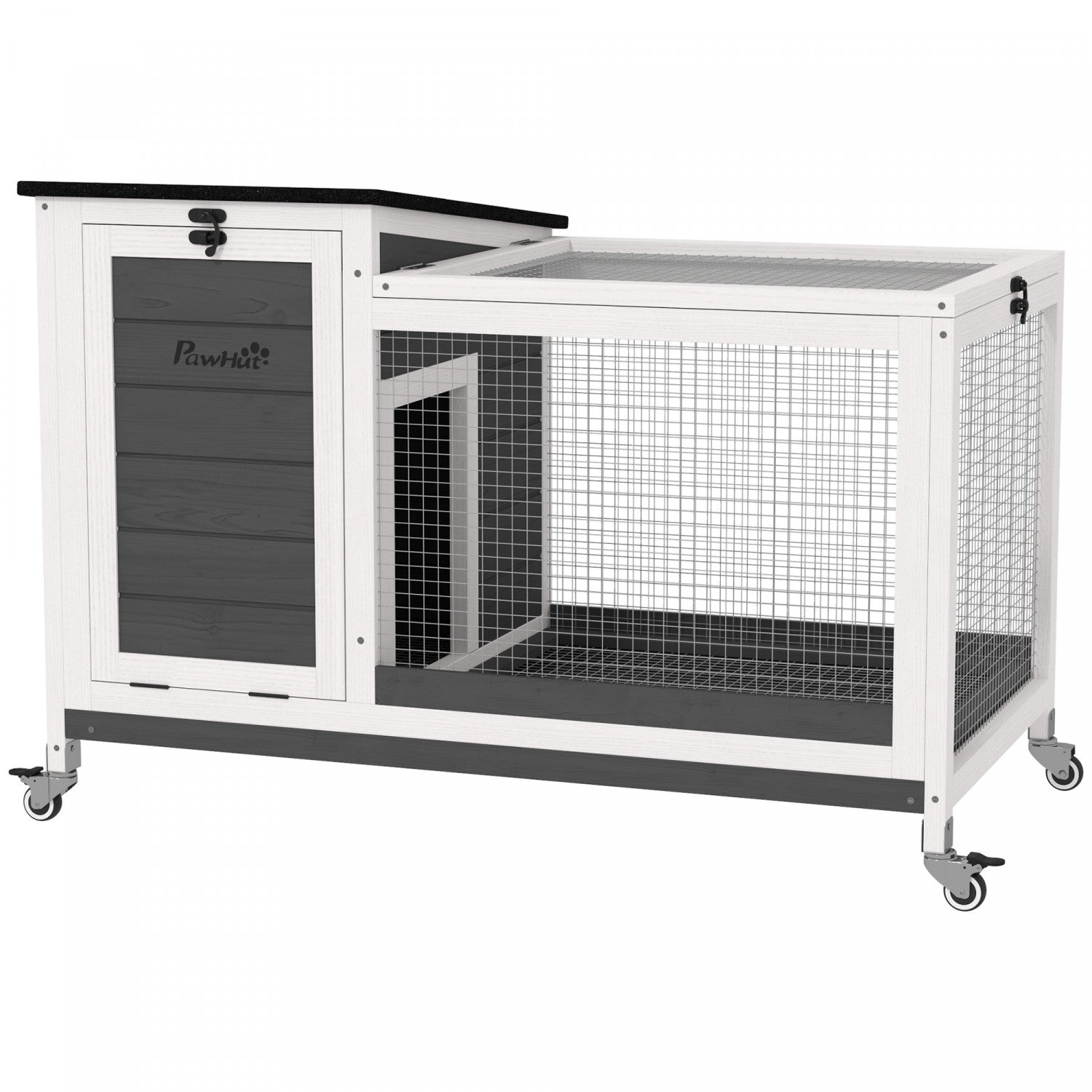 Pawhut Wooden Rabbit Hutch, Indoor Outdoor Guinea Pig Cage With Pull-out  Tray, Asphalt Openable Roof, Small Animal Cage On Wheels With Run, Dark Grey