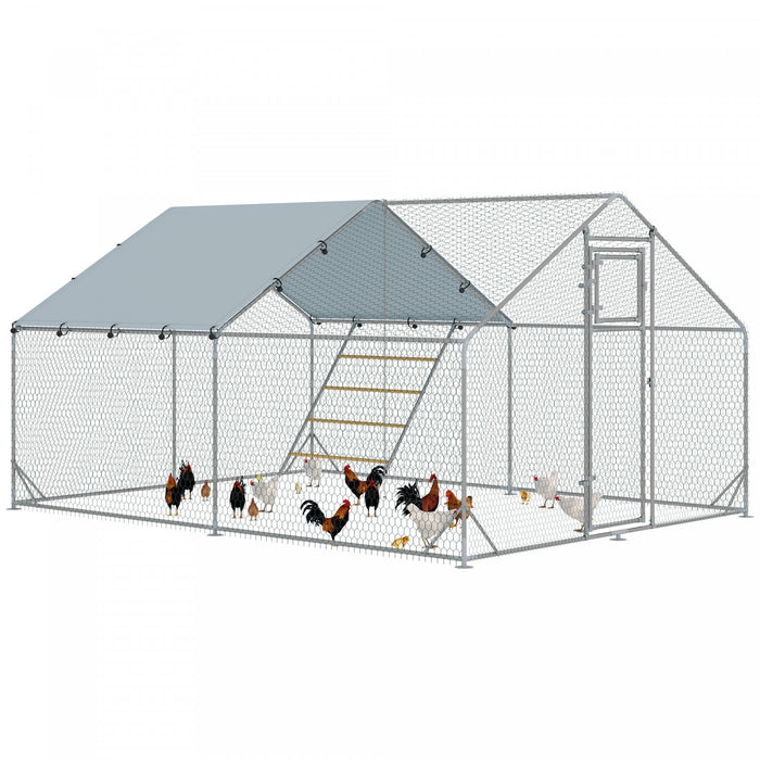 Pawhut Chicken Run, Large Metal Chicken Coop With Feeding Door, Waterproof & Uv-resistant Cover, Hanging Feeder, Perch, Poultry Cage For Outdoor, Backyard, Farm, For 12-18 Poultry