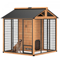PawHut Extra Large Dog House Outdoor, Wooden Dog Kennel with Storage Cabinet, Pet Shelter with Waterproof Roof, Stainless Steel Bowls for Large Breeds 86