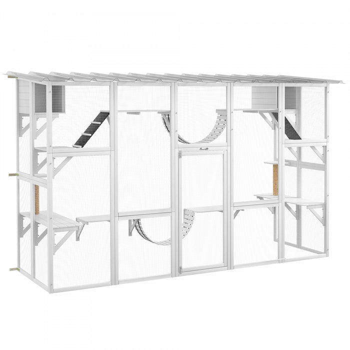 Pawhut Catio, Large Outdoor Cat Enclosure With Cat Condos, Platforms, Ladders, Doors, Weather-resistant Roof, Wooden Cat Cage For 1-4 Cats, White