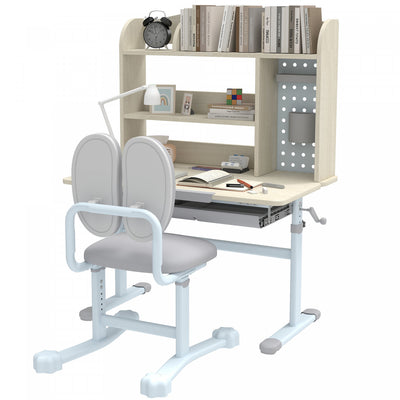 Qaba Kids Desk and Chair Set, Height Adjustable Children Study Table and Chair Set with Tiltable Desktop, Drawer and Shelves for Boys Girls Ages 3-12, Grey