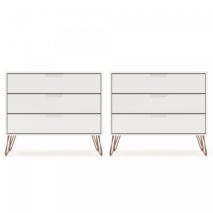 Rockefeller Mid-Century Modern 35\" Dresser in White (3-Drawer) - Set of 2