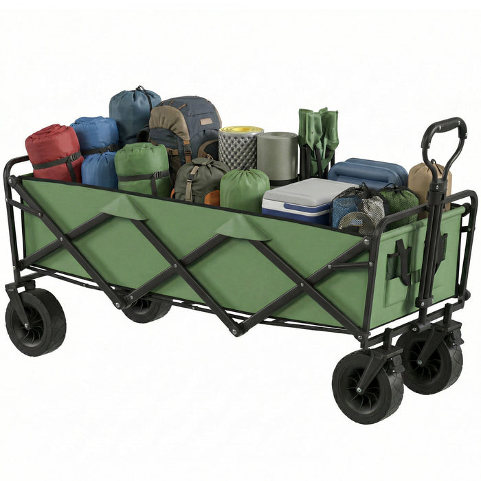 Outsunny 130L Folding Garden Cart with Wheels, Heavy-Duty Collapsible Wagon with Brakes, 550lbs Capacity, Adjustable Handle and Carry Bag for Camping, Garden, Beach, Green
