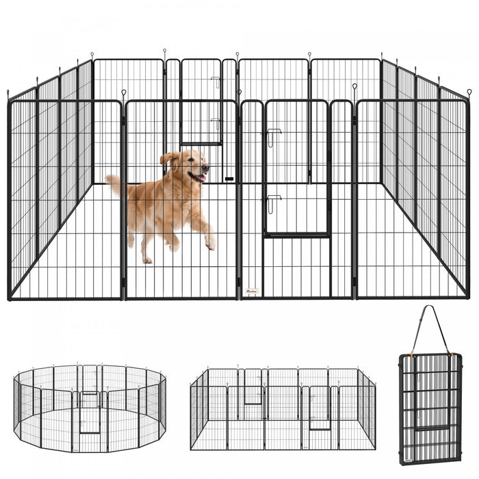 PawHut 16 Panels Dog Playpen, 27\" W x 47\" H Portable Heavy Duty Pet Fence with Door & Strap for Indoor Outdoor Backyard Garden, Foldable Puppy Pet Pen for Large Dogs