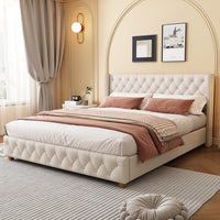 Haley Linen Upholstered Platform Bed with Classic Wingback Headboard and Diamond Tufted Upholstery,Queen Size,Beige Queen Bed