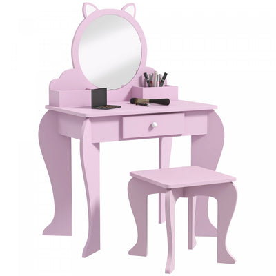Qaba Kids Vanity Set With Mirror And Stool, Makeup Vanity Table For Children 3-6 Years Old, With Dra|Qaba Table De Vanite Pour Enfants, Vanite De Maquillage Avec Miroir Et Tabouret, Conception De Chat,