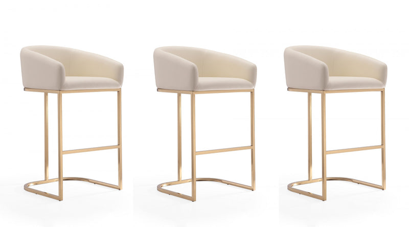 Louvre Mid-Century Modern Metal Upholstered Barstool in Cream - Set of 3