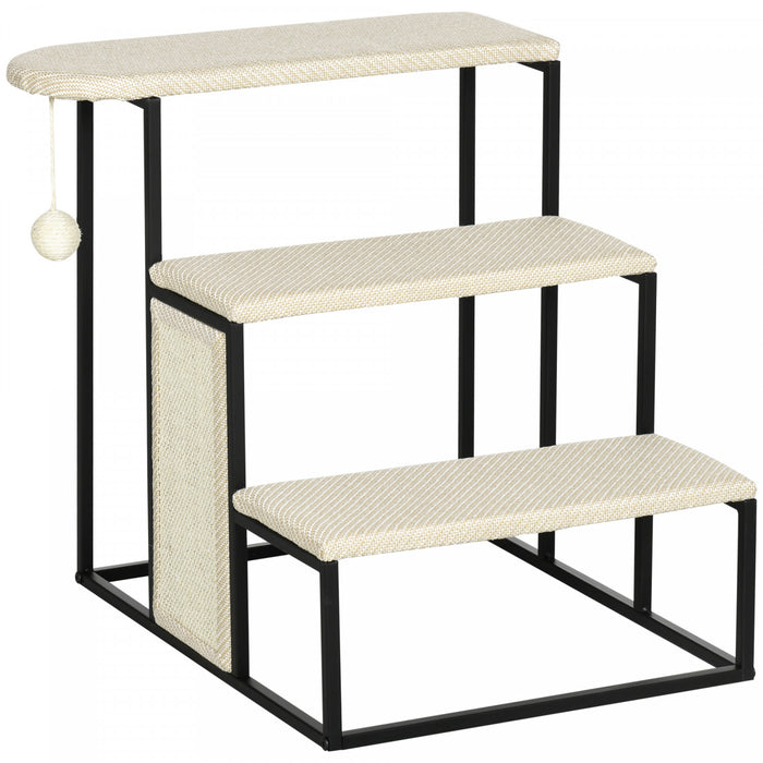 Pawhut 20\" 3 Steps Cat Stairs, Carpeted Ladder Ramp, Pet Steps With Scratching Board And Hanging Ball For Small Cats, Steel Frame, Cream White