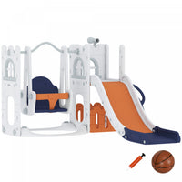 Qaba 6-in-1 Kids Slide and Swing Set with Telescope, Basketball Hoop, Climber, Baby Toddler Swing Set Indoor Playground with Storage Space, for Aged 1-3 Years Old, Orange