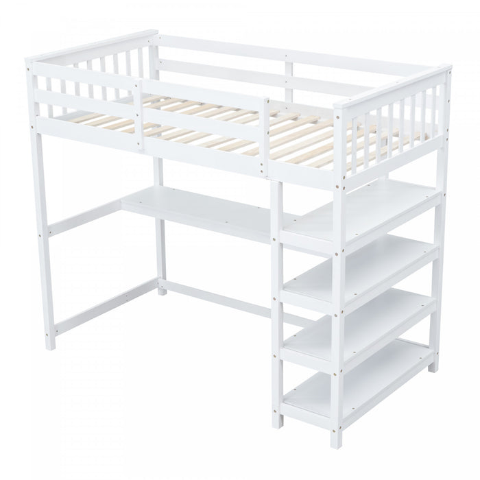 Victoria Twin Loft Solid Wood Bed With Desk, Storage Shelves, Led Light, White