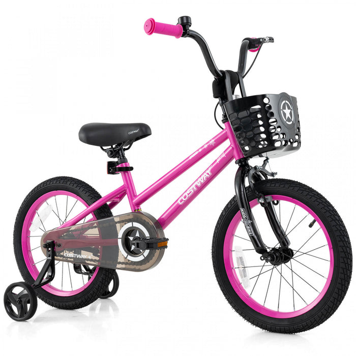 Costway 16\" Kid's Bike With Training Wheels Adjustable Handlebar & Seat Handbrake Pink