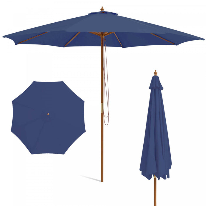 Costway 10FT Patio Wooden Market Table Umbrella Pulley with 8 Bamboo Ribs Sunshade Canopy Navy
