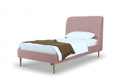 Heather Mid-Century Modern Velvet Upholstered Twin Bed in Blush and Gold | Lit jumeau Heather style milieu du siecle moderne en velours, rembourre, coloris rose poudre et or