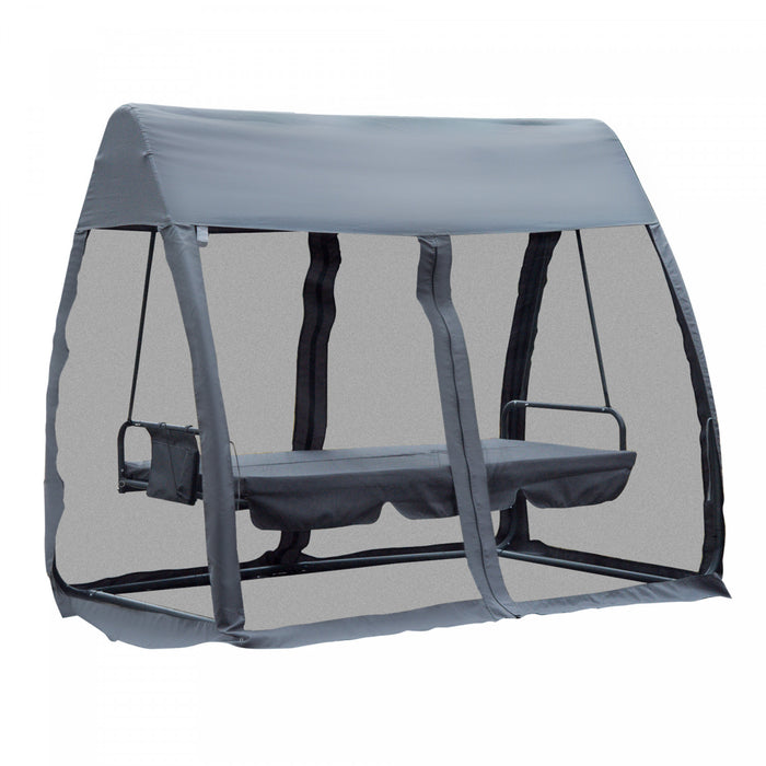 Outsunny 3-seat Outdoor Swing Chair, Porch Swing, Chaise Lounger Bed, Garden Hammock, Converting Flat Bed With Heavy-duty Steel Stand, Canopy And Netting Walls, Grey