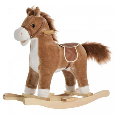 Qaba Rocking Horse Plush Animal On Wooden Rockers With Sounds, Wooden Base, Baby Rocking Chair For 3|Qaba Cheval A Bascule En Peluche Sur Bascules En Bois Avec Sons, Base En Bois, Chaise A Bascule Pour
