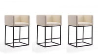 Embassy Mid-Century Modern Metal Upholstered Counter Stool in Cream - Set of 3