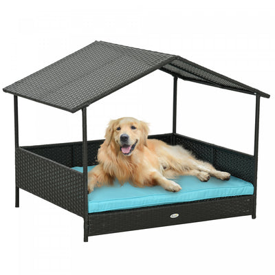 Pawhut Rattan Dog House Outdoor With Shade Canopy, Elevated Wicker Dog Bed With Soft Cushion Washabl|Pawhut Niche D'exterieur En Rotin Pour Chien Avec Auvent D'ombrage, Lit Sureleve En Osier Avec Couss