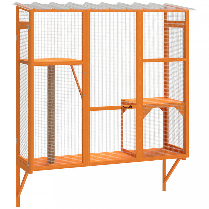 PawHut Catio Outdoor Cat Enclosure, Cat Window Box for 2-3 Cats with 2 Jumping Platforms & Scratching Post, Expendable Secure Window Perch House for Large Indoor Cats, Orange